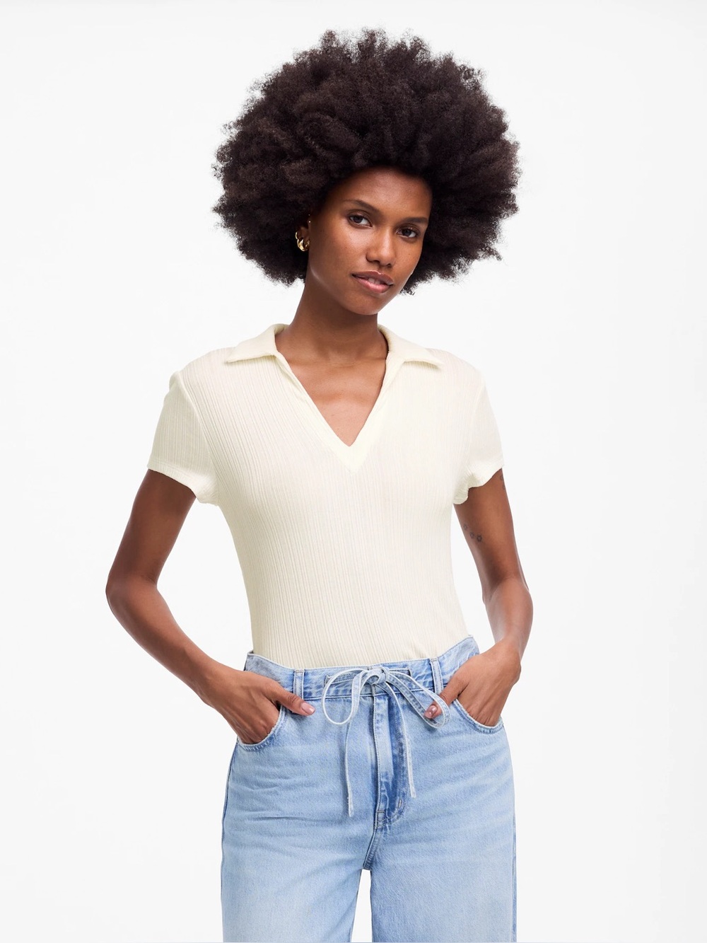 Madewell Ribbed V-neck Polo Tee Ivory Women’s Size Medium
